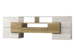 Mueble de TV con 4 puertas y 2 cajones - 145 x 30 x 51 cm - LEDs - Tablero de partículas - Blanco+Oro