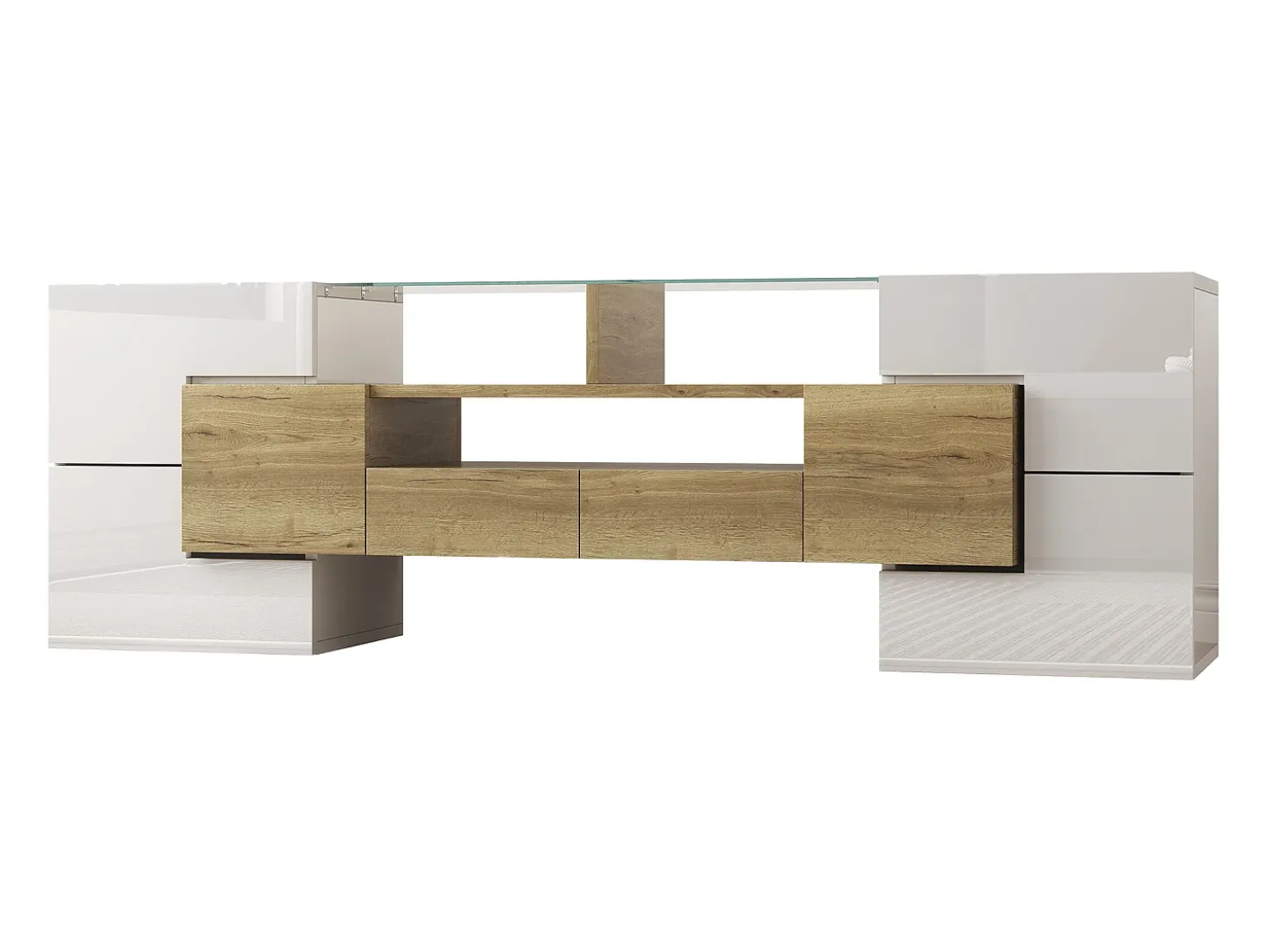 Mueble de TV con 4 puertas y 2 cajones - 145 x 30 x 51 cm - LEDs - Tablero de partículas - Blanco+Oro