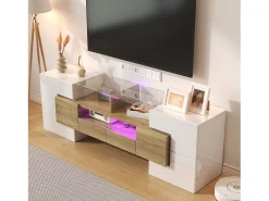 Mueble de TV con 4 puertas y 2 cajones - 145 x 30 x 51 cm - LEDs - Tablero de partículas - Blanco+Oro