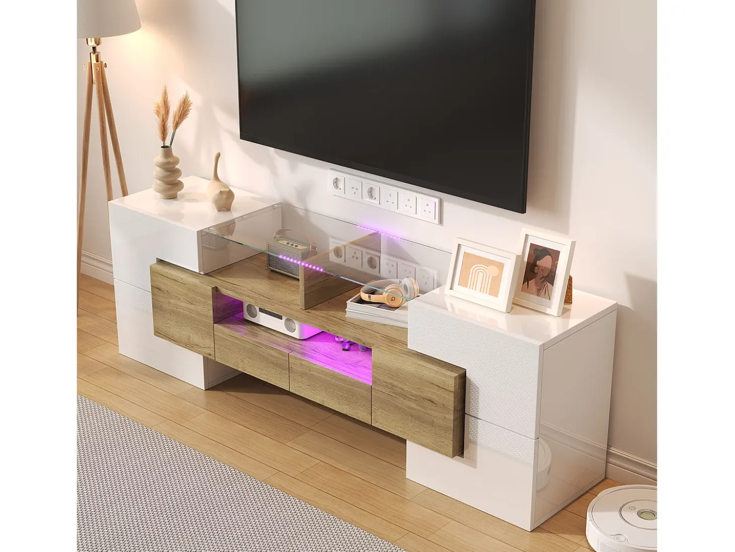 Mueble de TV con 4 puertas y 2 cajones - 145 x 30 x 51 cm - LEDs - Tablero de partículas - Blanco+Oro