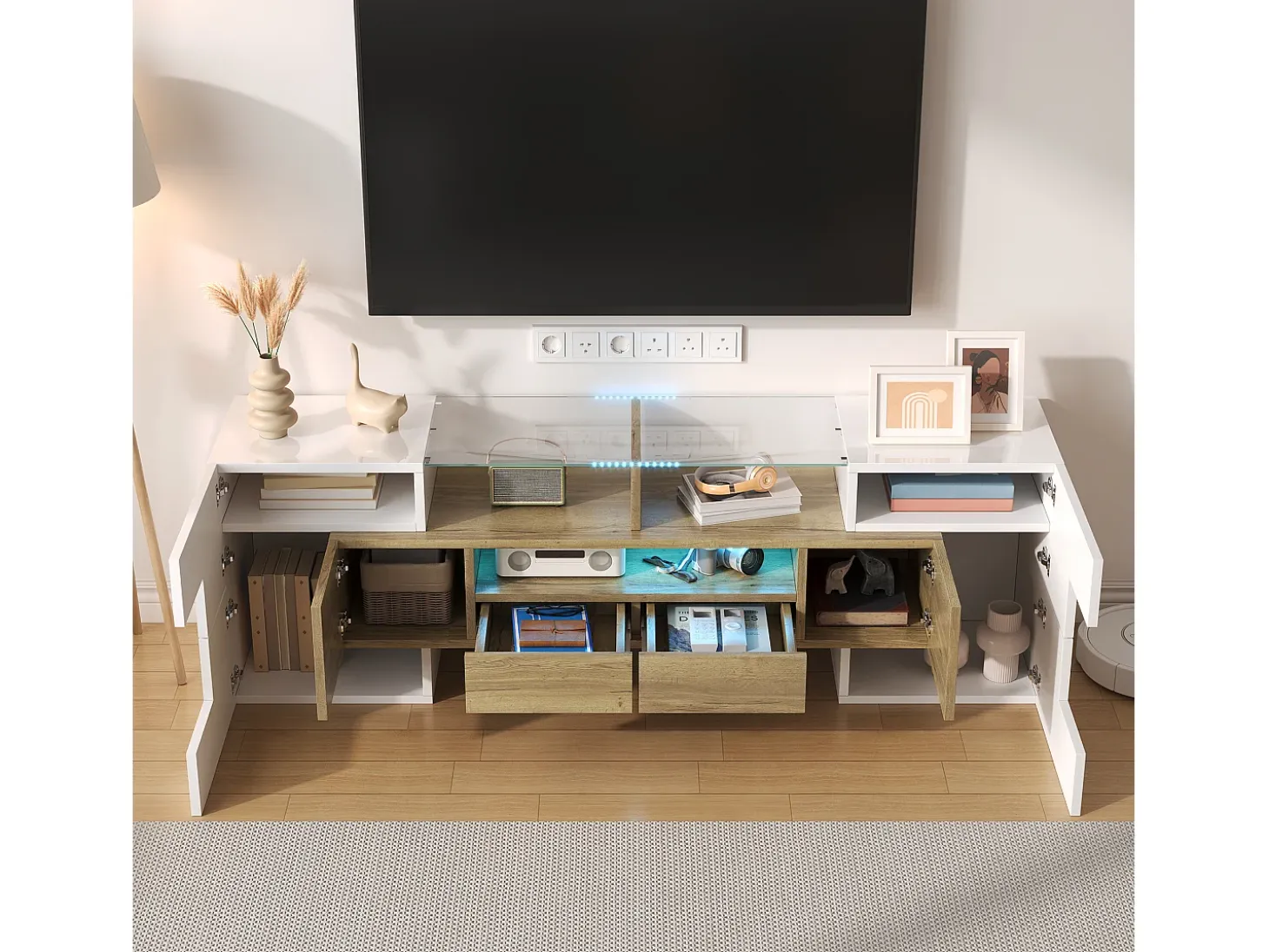 Mueble de TV con 4 puertas y 2 cajones - 145 x 30 x 51 cm - LEDs - Tablero de partículas - Blanco+Oro
