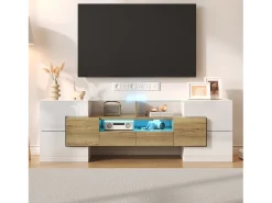 Mueble de TV con 4 puertas y 2 cajones - 145 x 30 x 51 cm - LEDs - Tablero de partículas - Blanco+Oro
