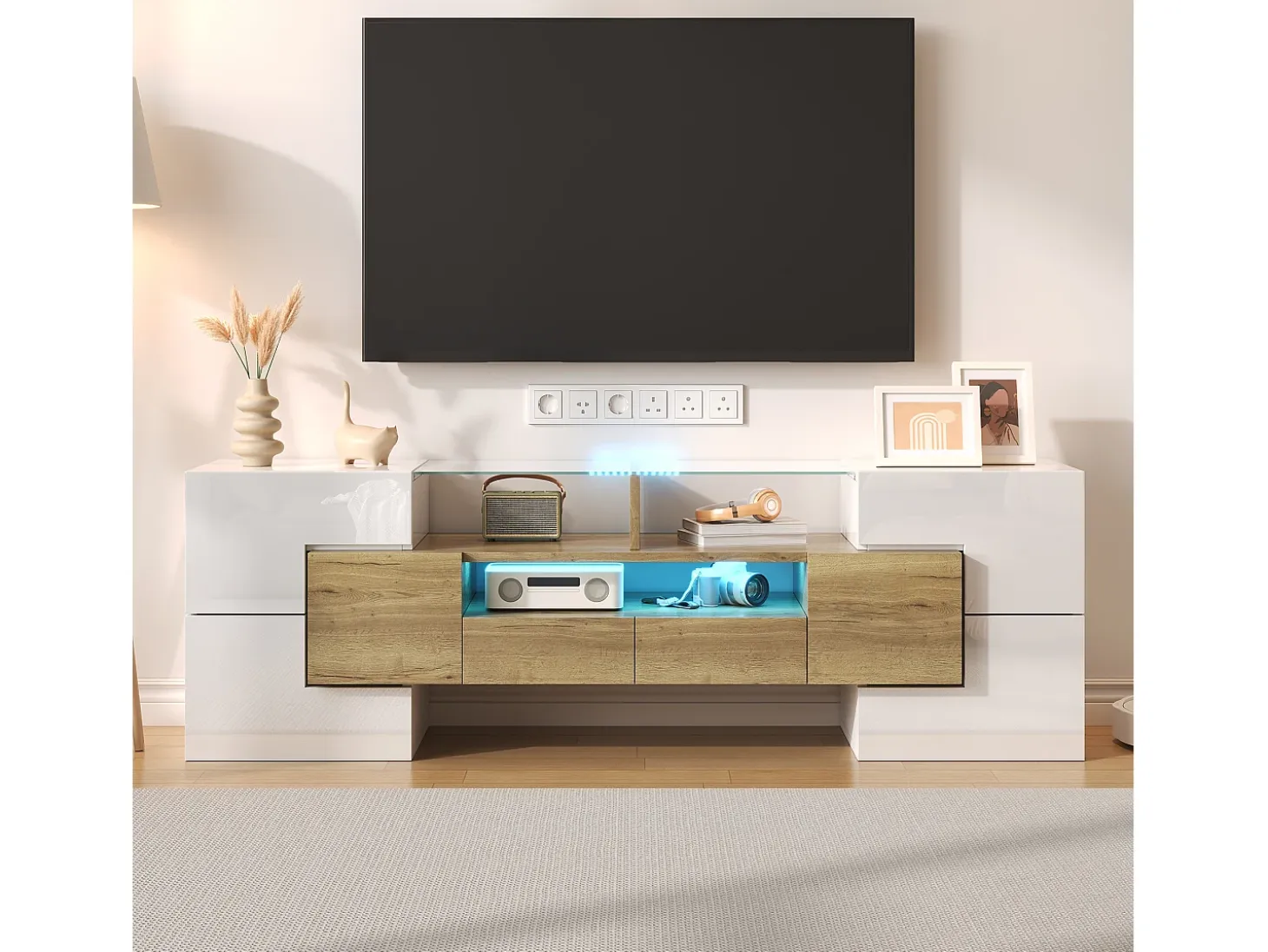 Mueble de TV con 4 puertas y 2 cajones - 145 x 30 x 51 cm - LEDs - Tablero de partículas - Blanco+Oro