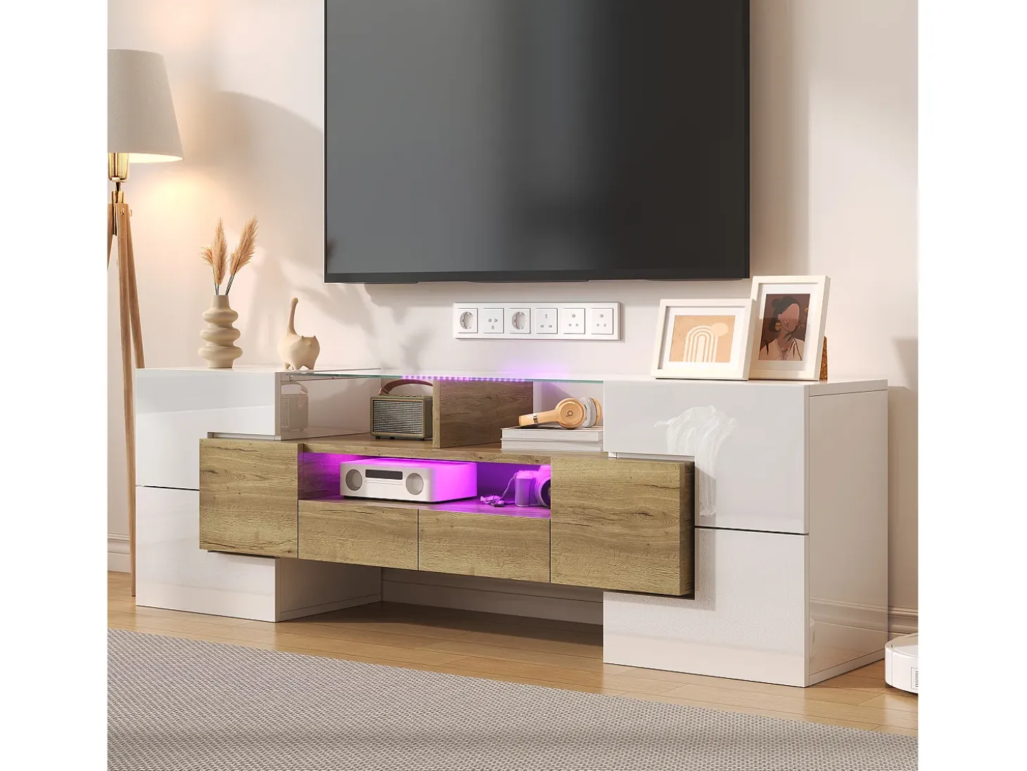 Mueble de TV con 4 puertas y 2 cajones - 145 x 30 x 51 cm - LEDs - Tablero de partículas - Blanco+Oro
