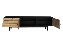 Mueble de TV con 2 puertas y 3 cajones, diseño ondulado, negro y natural