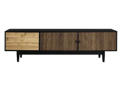 Mueble de TV con 2 puertas y 3 cajones, diseño ondulado, negro y natural