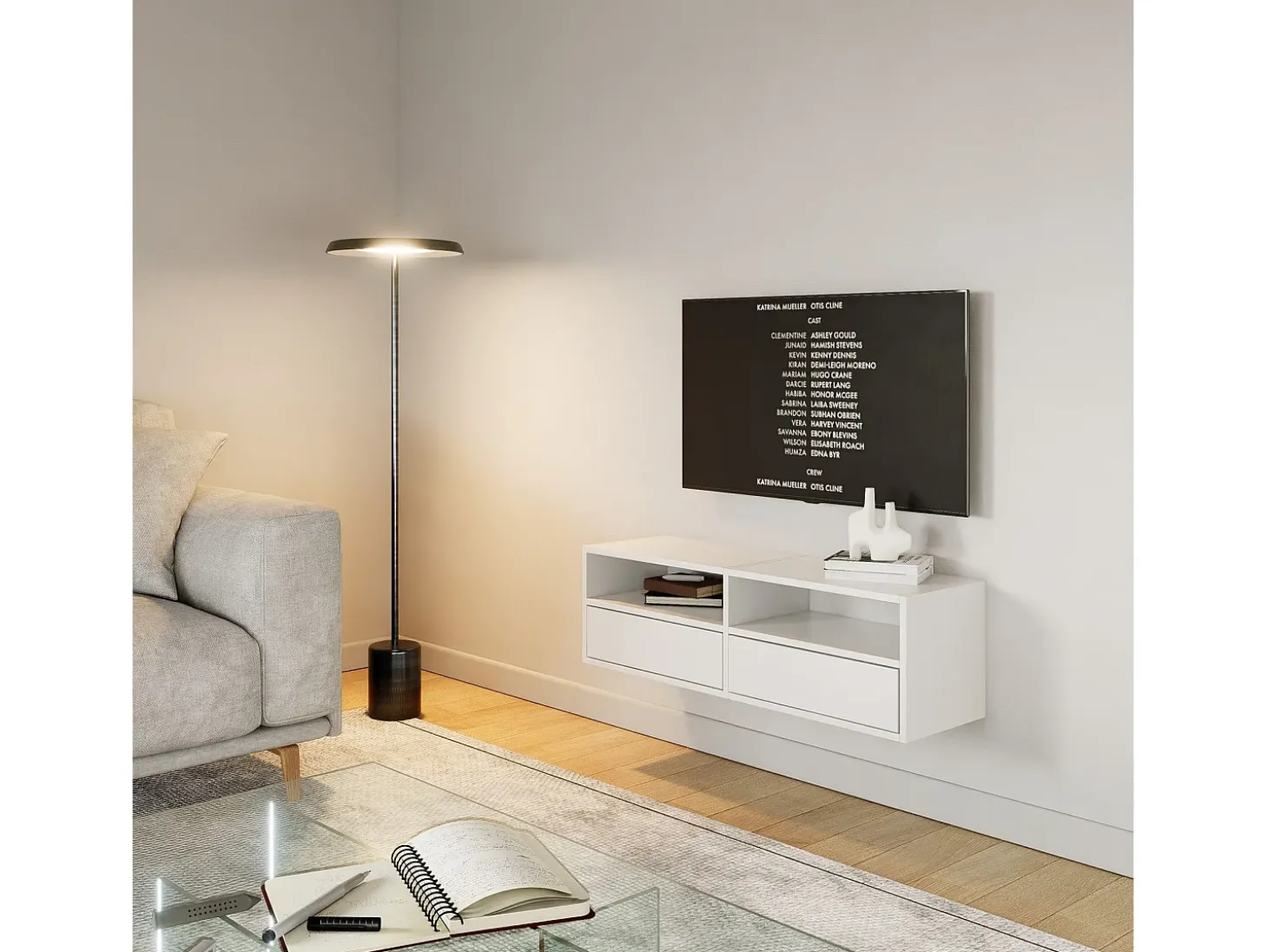 Mueble de TV con 2 puertas y estantes – blanco – 100 cm – FRAMME