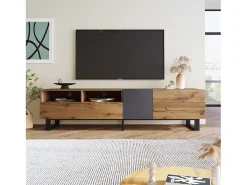 Mueble de TV con 2 puertas, 2 cajones y 2 nichos, roble y gris, patas de metal negro