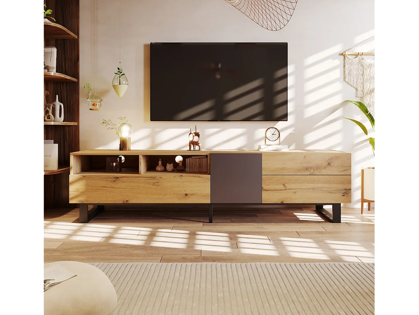 Mueble de TV con 2 puertas, 2 cajones y 2 nichos, roble y gris, patas de metal negro