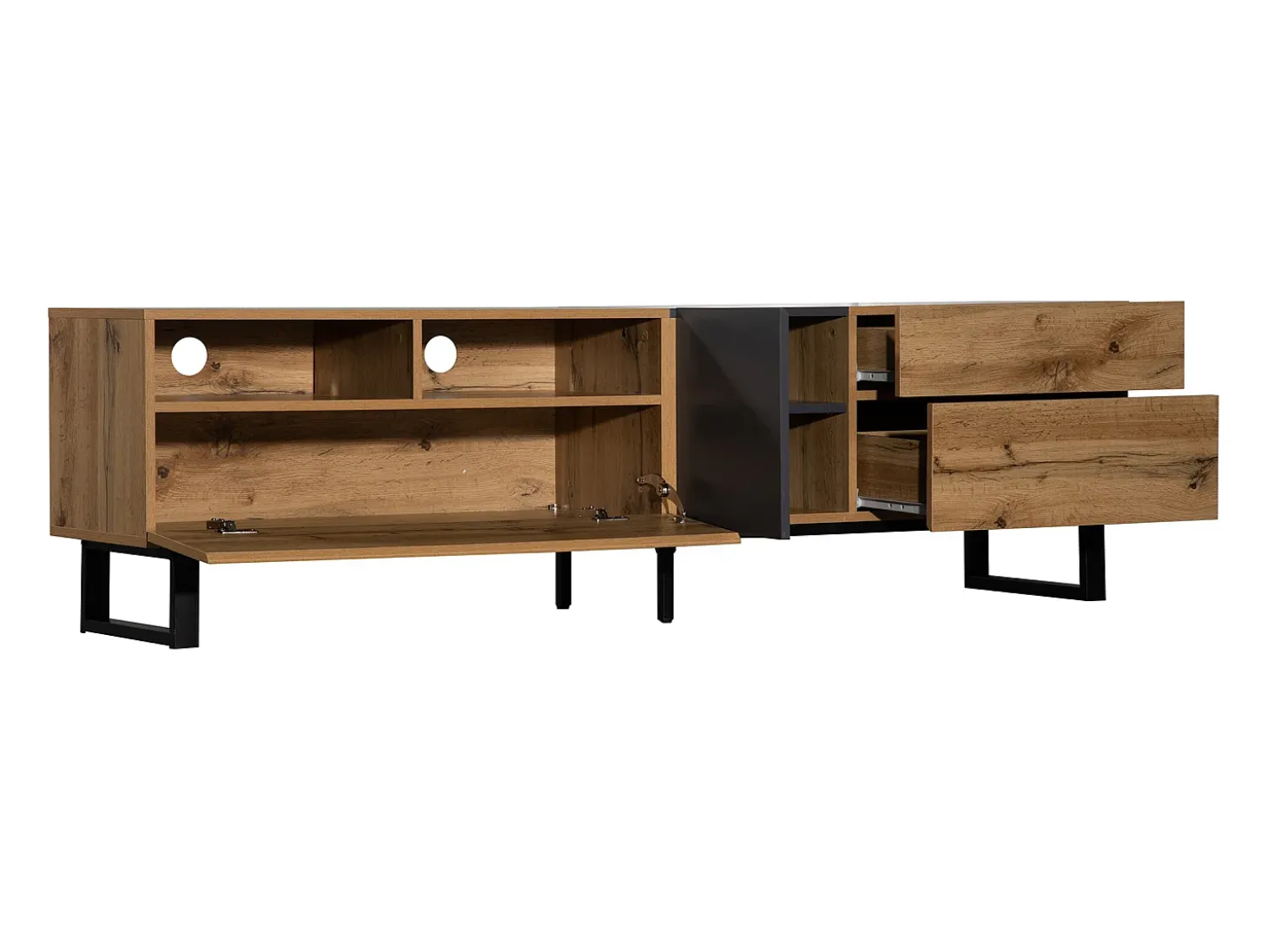 Mueble de TV con 2 puertas, 2 cajones y 2 nichos, roble y gris, patas de metal negro