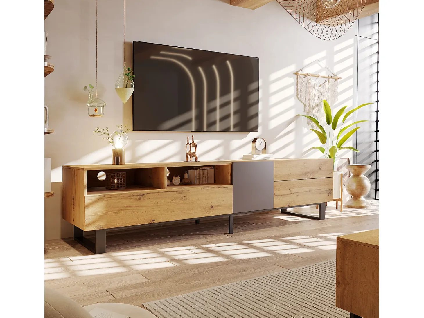 Mueble de TV con 2 puertas, 2 cajones y 2 nichos, roble y gris, patas de metal negro