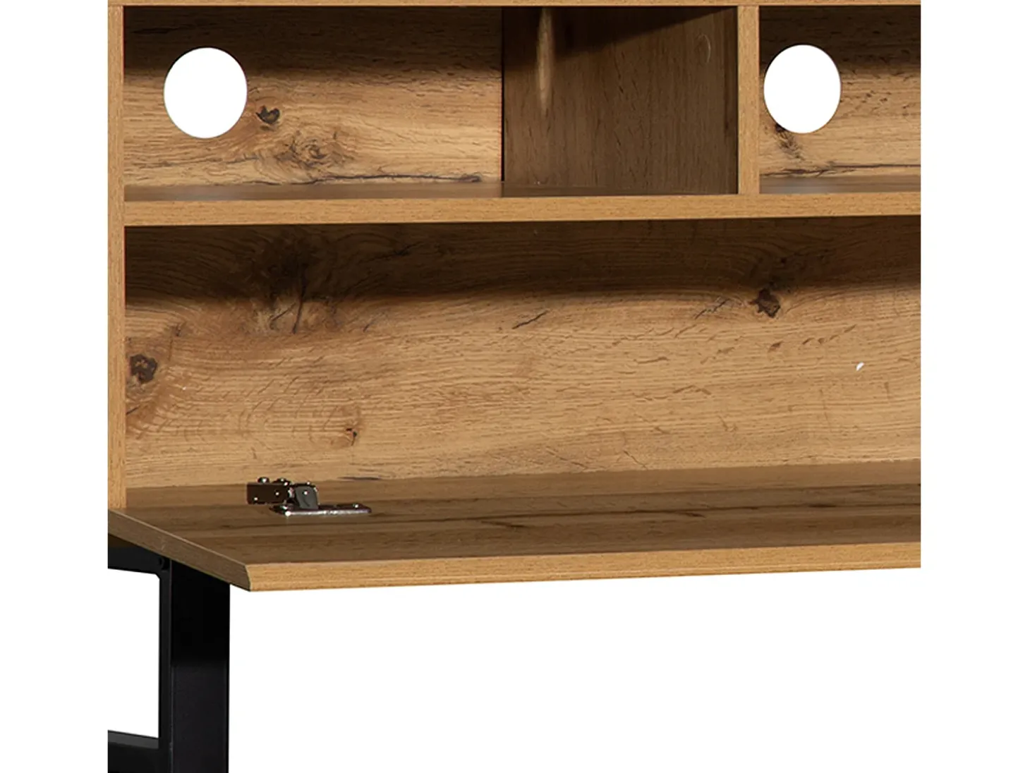 Mueble de TV con 2 puertas, 2 cajones y 2 nichos, roble y gris, patas de metal negro