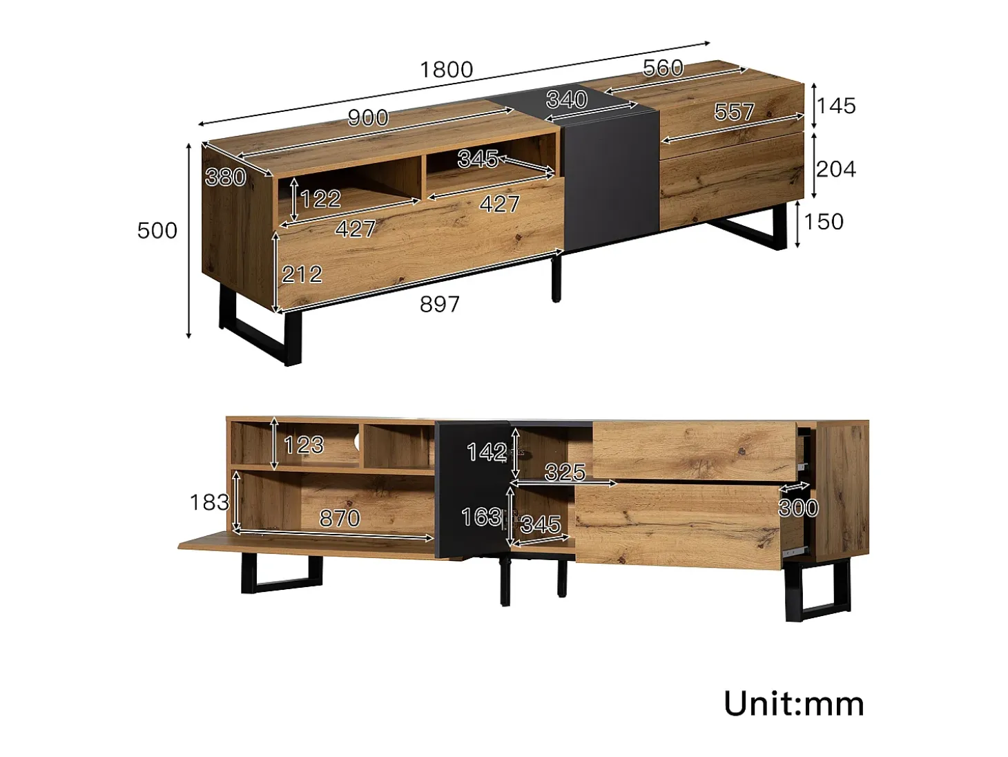 Mueble de TV con 2 puertas, 2 cajones y 2 nichos, roble y gris, patas de metal negro