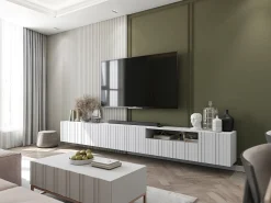 Mueble de TV con 3 puertas y nicho - Cuerpo Blanco mate, frentes estriados Blanco mate - 150 cm