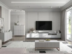 Mueble de TV con 3 puertas y nicho - Cuerpo Blanco mate, frentes estriados Blanco mate - 150 cm