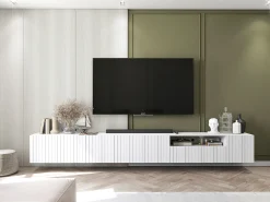 Mueble de TV con 3 puertas y nicho - Cuerpo Blanco mate, frentes estriados Blanco mate - 150 cm
