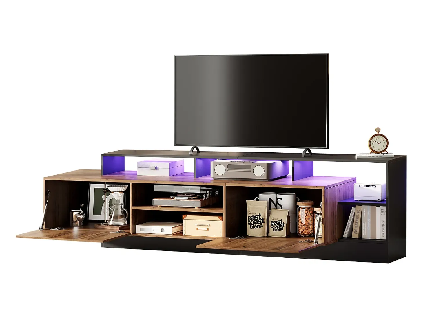 Mueble de TV con 2 puertas y estantes - 190 x 40 x 48,5 cm - LED - Tablero de partículas - Roble y negro