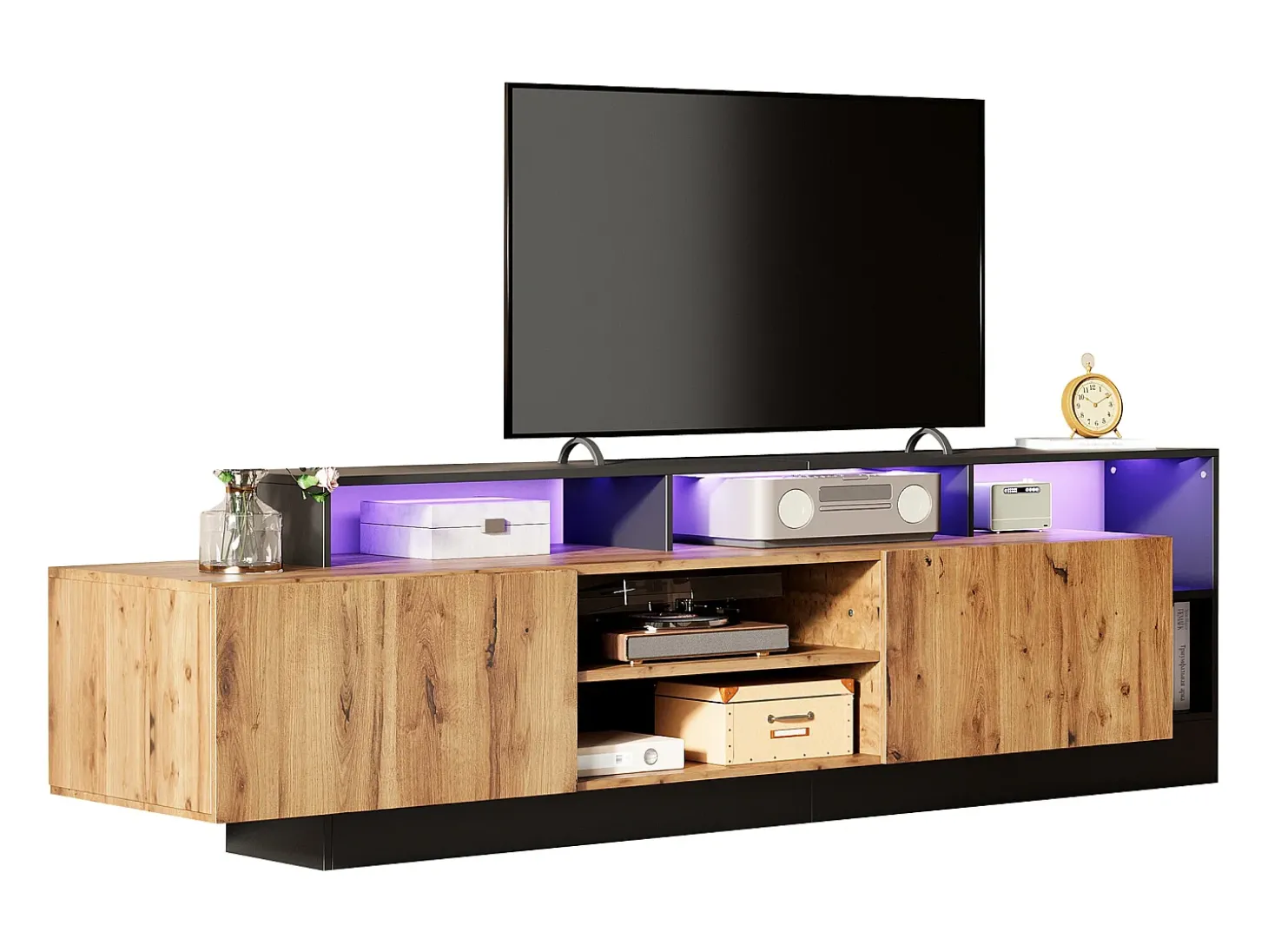 Mueble de TV con 2 puertas y estantes - 190 x 40 x 48,5 cm - LED - Tablero de partículas - Roble y negro