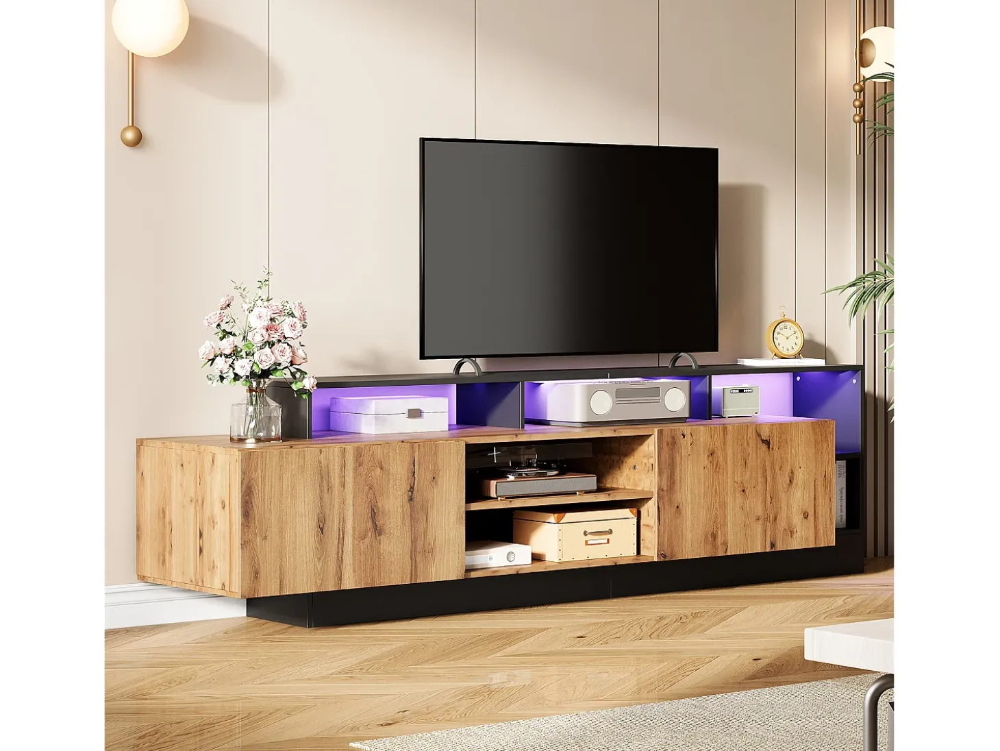 Mueble de TV con 2 puertas y estantes - 190 x 40 x 48,5 cm - LED - Tablero de partículas - Roble y negro