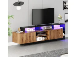 Mueble de TV con 2 puertas y estantes - 190 x 40 x 48,5 cm - LED - Tablero de partículas - Roble y negro