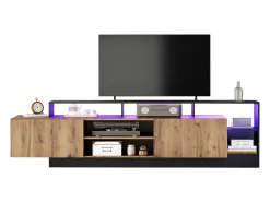 Mueble de TV con 2 puertas y estantes - 190 x 40 x 48,5 cm - LED - Tablero de partículas - Roble y negro