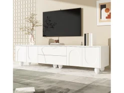 Mueble de TV con patas de madera - 180 x 40 x 42 cm - con 2 cajones + 4 puertas - aglomerado - blanco