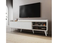 Mueble de TV de 160 cm en blanco y madera, con 2 cajones y 2 puertas, patas de madera - para salón y oficina