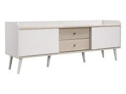 Mueble de TV de 160 cm en blanco y madera, con 2 cajones y 2 puertas, patas de madera - para salón y oficina