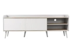 Mueble de TV de 160 cm en blanco y madera, con 2 cajones y 2 puertas, patas de madera - para salón y oficina
