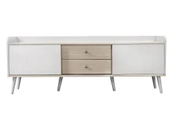 Mueble de TV de 160 cm en blanco y madera, con 2 cajones y 2 puertas, patas de madera - para salón y oficina