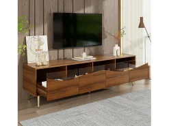 Mueble de TV de 180 cm, mueble de TV color natural con 4 cajones, iluminación LED y patas metálicas doradas