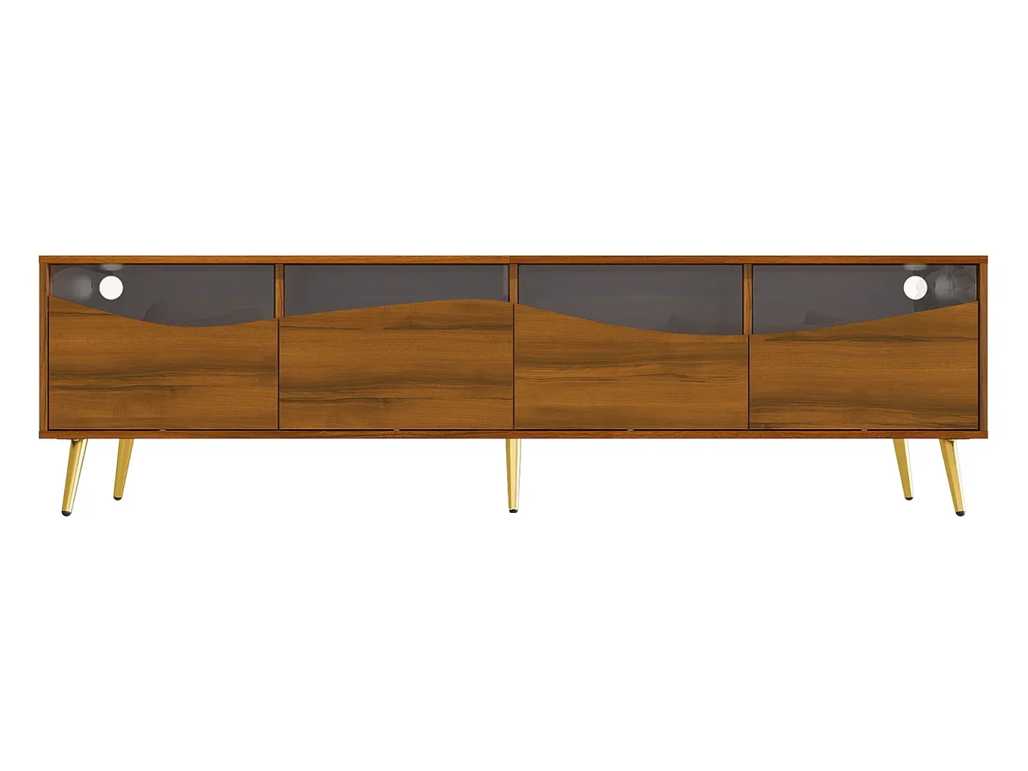 Mueble de TV de 180 cm, mueble de TV color natural con 4 cajones, iluminación LED y patas metálicas doradas