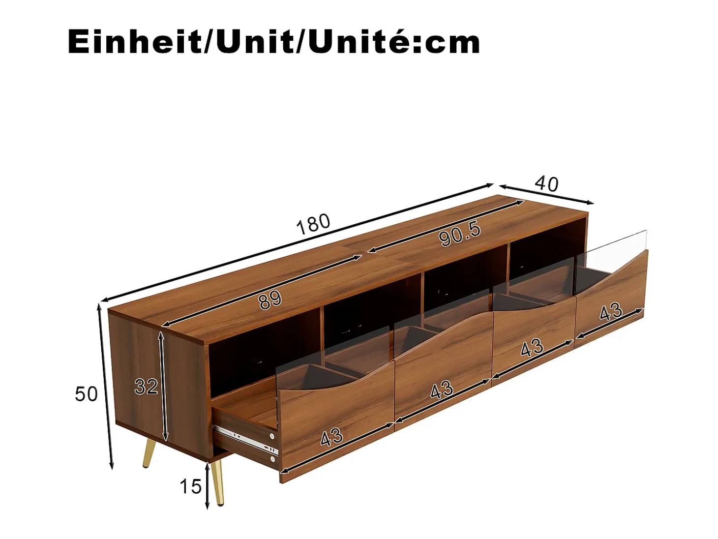 Mueble de TV de 180 cm, mueble de TV color natural con 4 cajones, iluminación LED y patas metálicas doradas