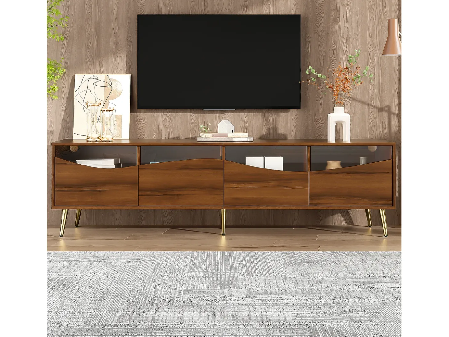 Mueble de TV de 180 cm, mueble de TV color natural con 4 cajones, iluminación LED y patas metálicas doradas