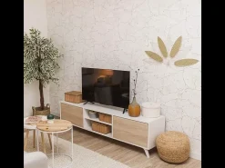 Mueble de TV de Diseño Nórdico, 2 Compartimentos de Almacenamiento y 2 Puertas, Cambria - Blanco, 49cm (Alto)x 180cm (Ancho) x 40cm (Fondo) - Meyvaser