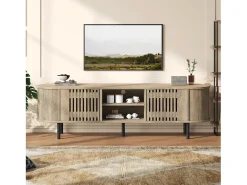 Mueble de TV de madera calada - 160 x 40 x 47 cm - con 2 puertas + estante - para TV de 65 pulgadas - MDF - natural