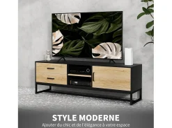 Mueble de TV de madera con armario, compartimentos abiertos, 2 cajones y estante ajustable.