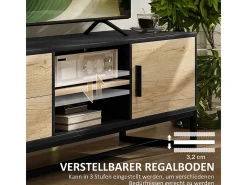 Mueble de TV de madera con armario, compartimentos abiertos, 2 cajones y estante ajustable.
