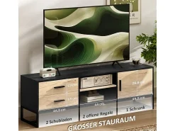 Mueble de TV de madera con armario, compartimentos abiertos, 2 cajones y estante ajustable.