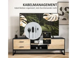 Mueble de TV de madera con armario, compartimentos abiertos, 2 cajones y estante ajustable.
