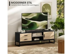 Mueble de TV de madera con armario, compartimentos abiertos, 2 cajones y estante ajustable.