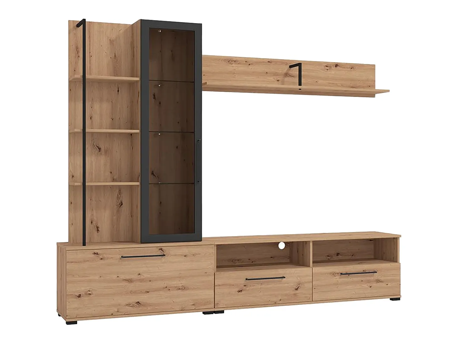 Mueble de TV de pared - 3 puertas, 1 puerta de cristal, 2 huecos y 7 estantes - Color: Roble y negro - DUBLIN