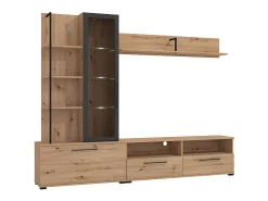 Mueble de TV de pared - 3 puertas, 1 puerta de cristal, 2 huecos y 7 estantes - Color: Roble y negro - DUBLIN