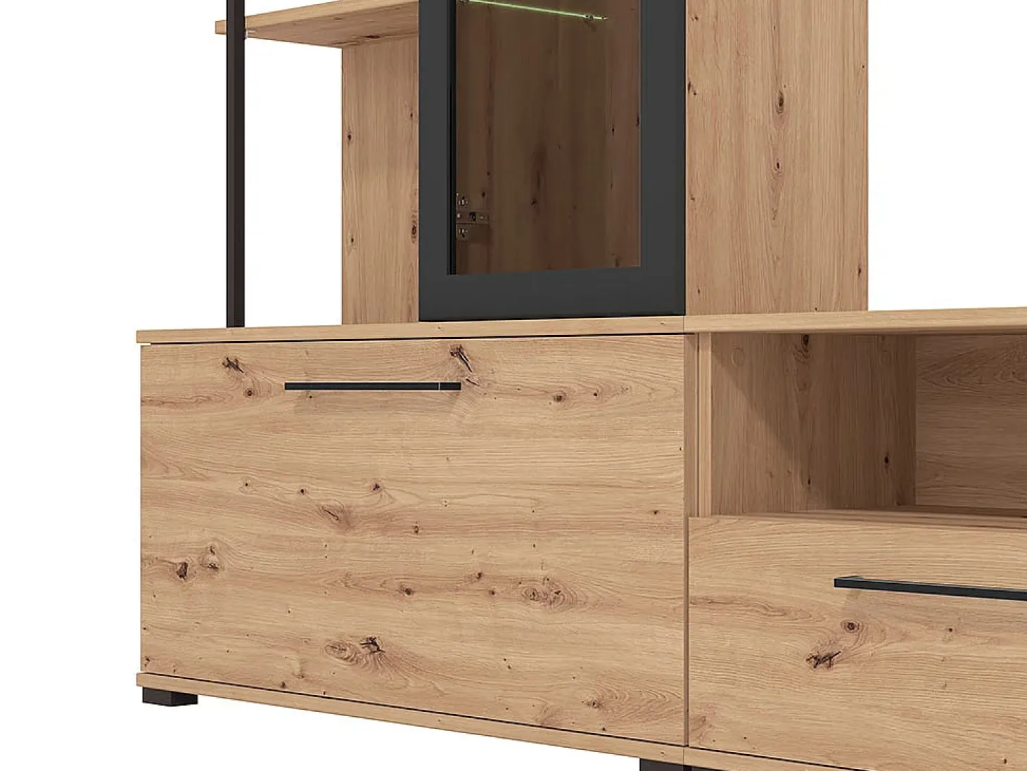 Mueble de TV de pared - 3 puertas, 1 puerta de cristal, 2 huecos y 7 estantes - Color: Roble y negro - DUBLIN