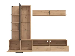 Mueble de TV de pared - 3 puertas, 1 puerta de cristal, 2 huecos y 7 estantes - Color: Roble y negro - DUBLIN