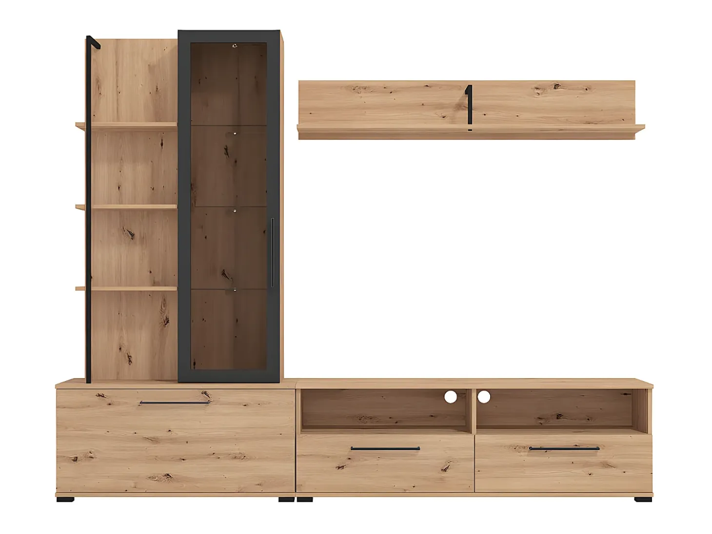 Mueble de TV de pared - 3 puertas, 1 puerta de cristal, 2 huecos y 7 estantes - Color: Roble y negro - DUBLIN