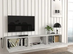 Mueble de TV de pared con 3 puertas - Efecto mármol blanco - VIKILA