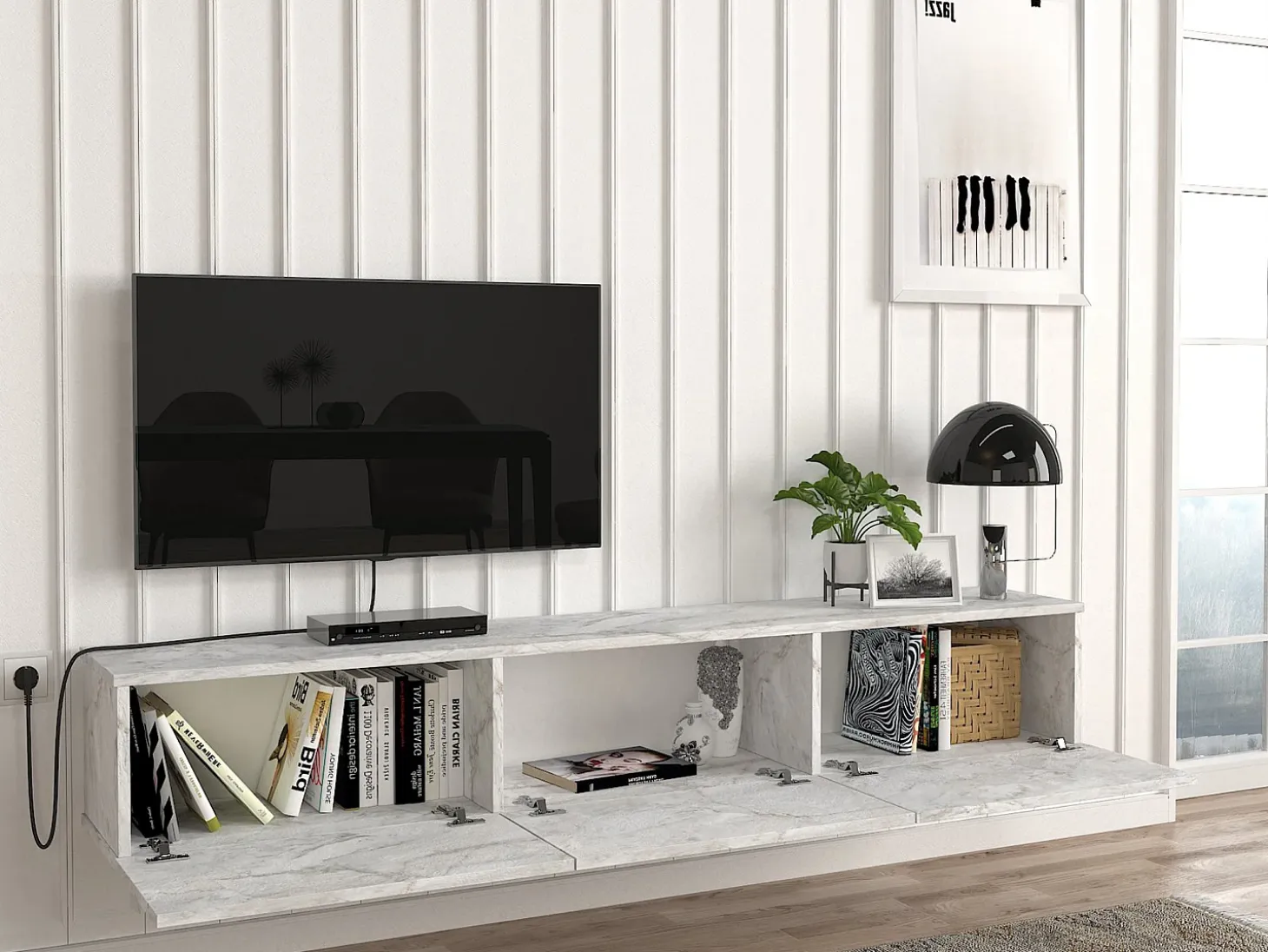 Mueble de TV de pared con 3 puertas - Efecto mármol blanco - VIKILA