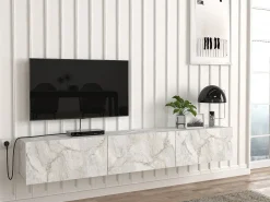 Mueble de TV de pared con 3 puertas - Efecto mármol blanco - VIKILA