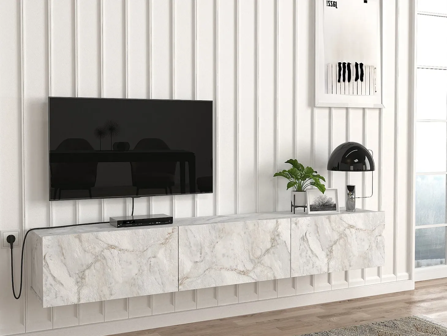 Mueble de TV de pared con 3 puertas - Efecto mármol blanco - VIKILA